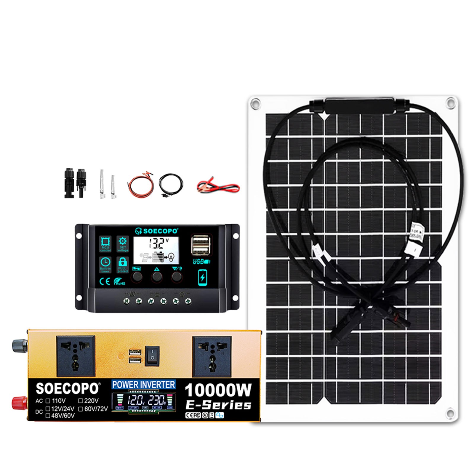 SOECOPO 10000W Solar Power System Kit 12V24V to 110V220V Inverter Flexible Panel