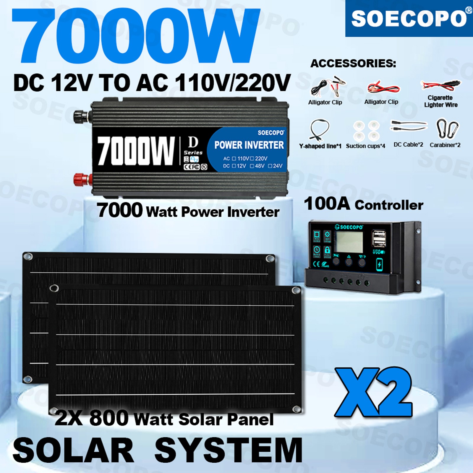 7000W Solar Power Kit | Inverter, 2 Solar Panels, 100A Controller with Display