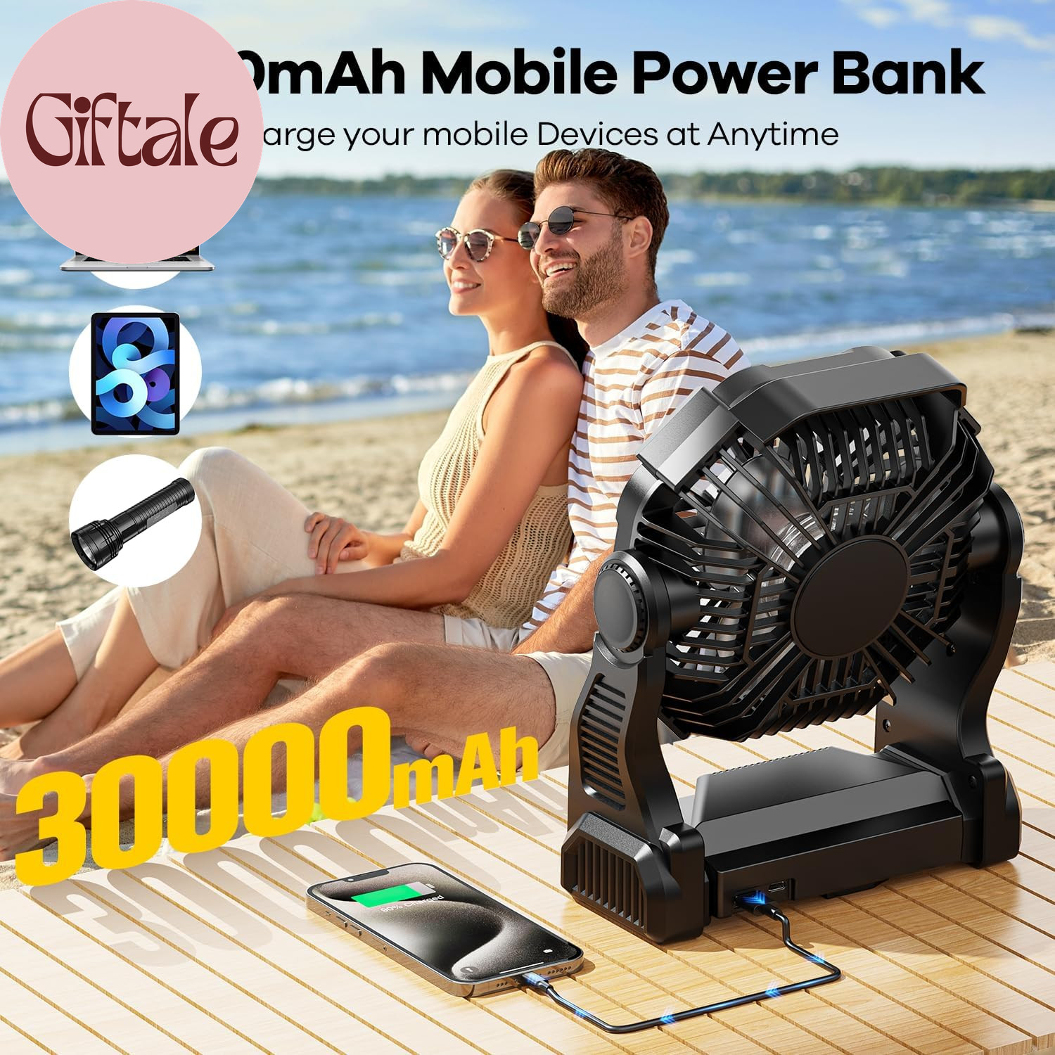 30000Mah Solar Fan with LED Lantern, 10W Solar Panel Rechargeable Battery Powere