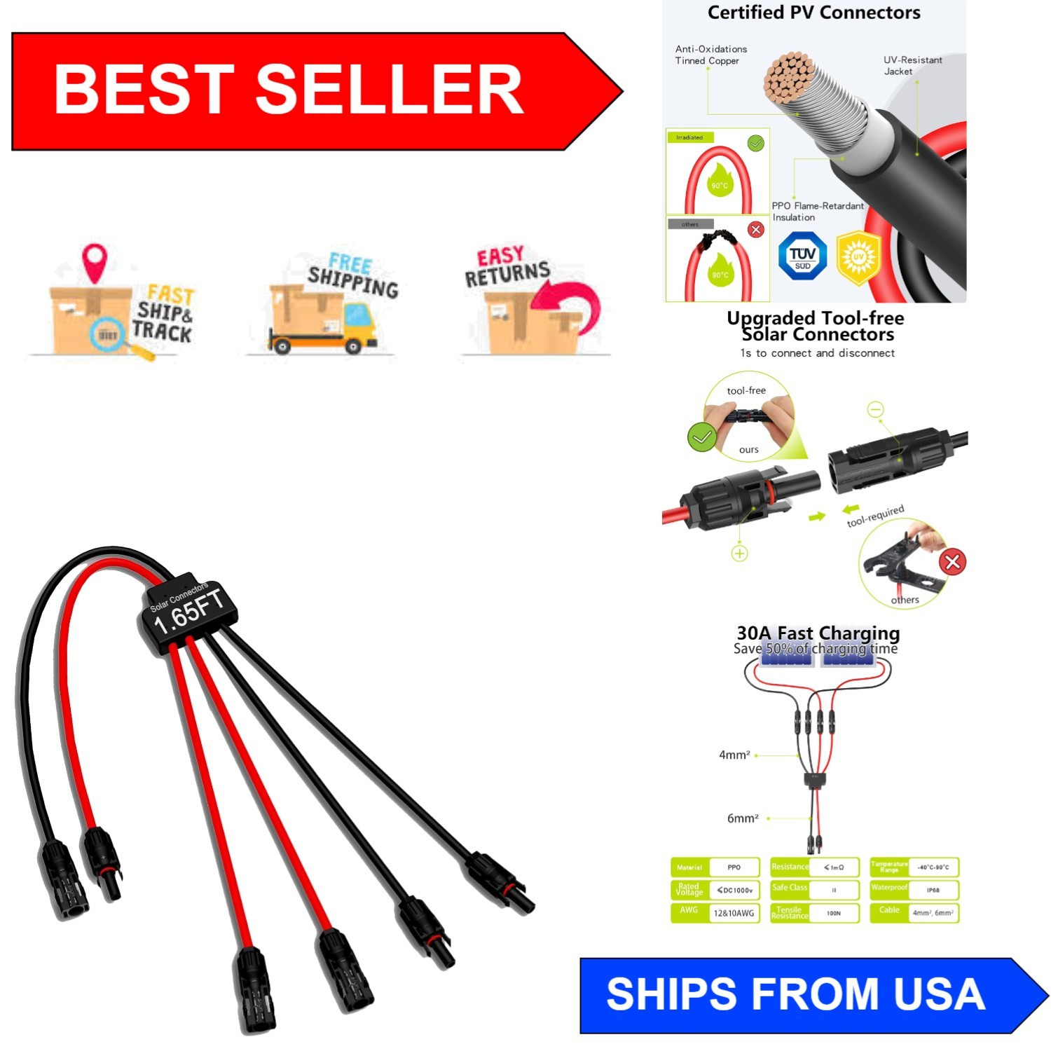 Heat-Resistant Solar Connector Cable, 2 to 4 Panels Adapter for Efficient Power
