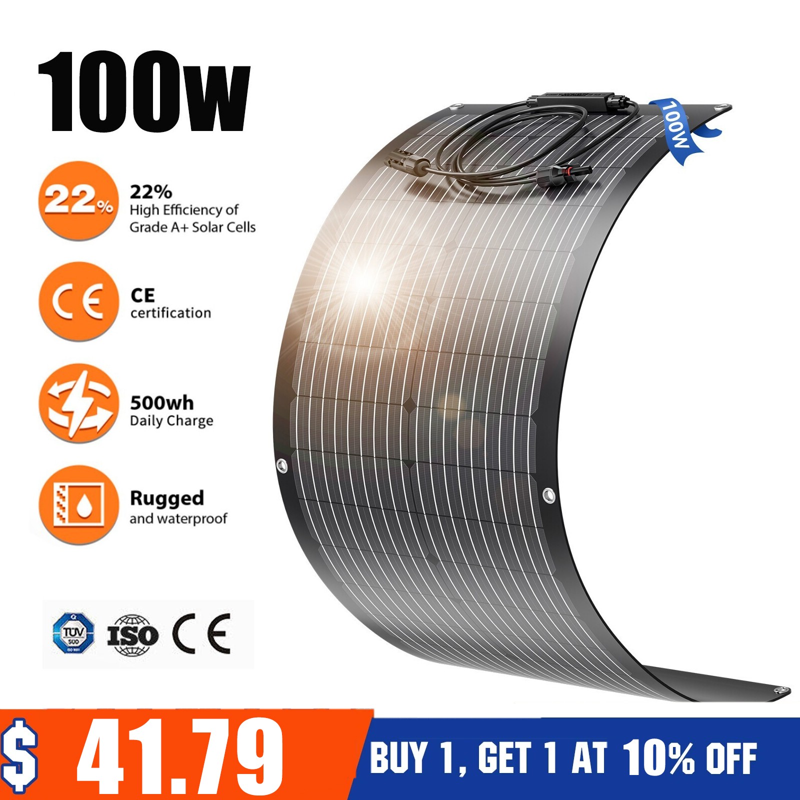 100W Watt Flexible 12V Mono Solar Panel Home RV Rooftop Camping Off-Grid Power