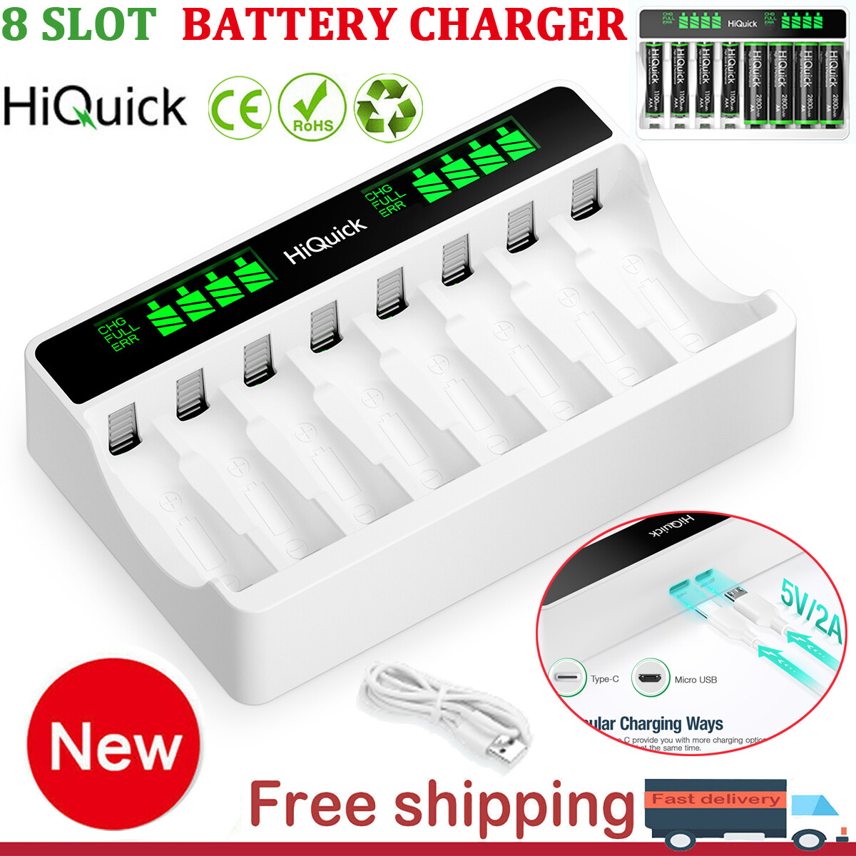 8 Slot LCD Battery Smart Charger For AAA AA Ni-MH Ni-CD Rechargeable Batteries