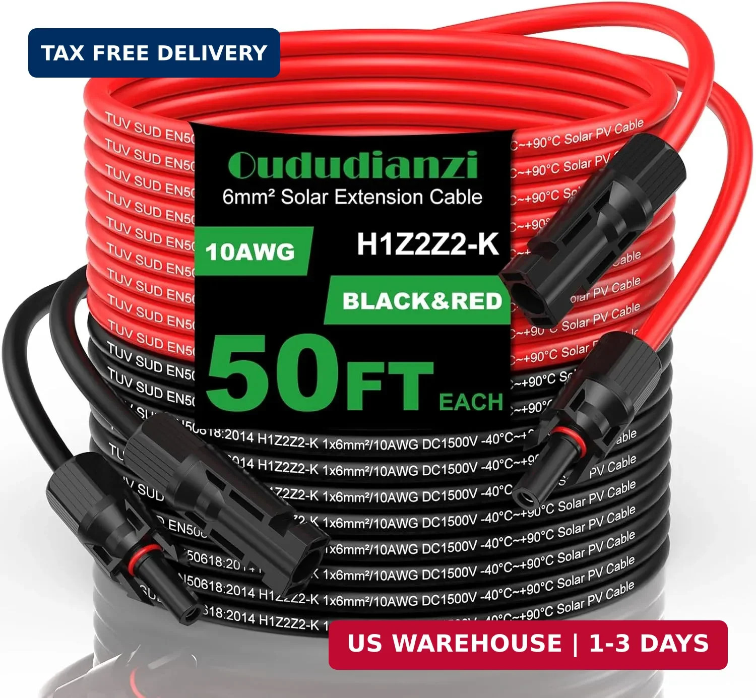 Oududianzi Solar Extension Cable 50Ft, Solar Wire 10AWG, 10 Gauge Tinned Copper