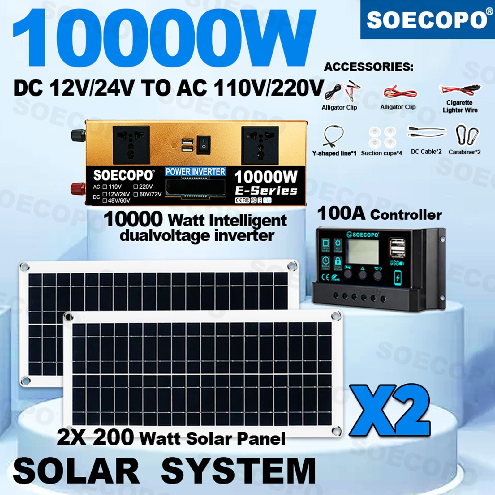 US 10000W Solar Kit | Includes Inverter, 2pcs 200W Solar Panels 100A Controlle7W