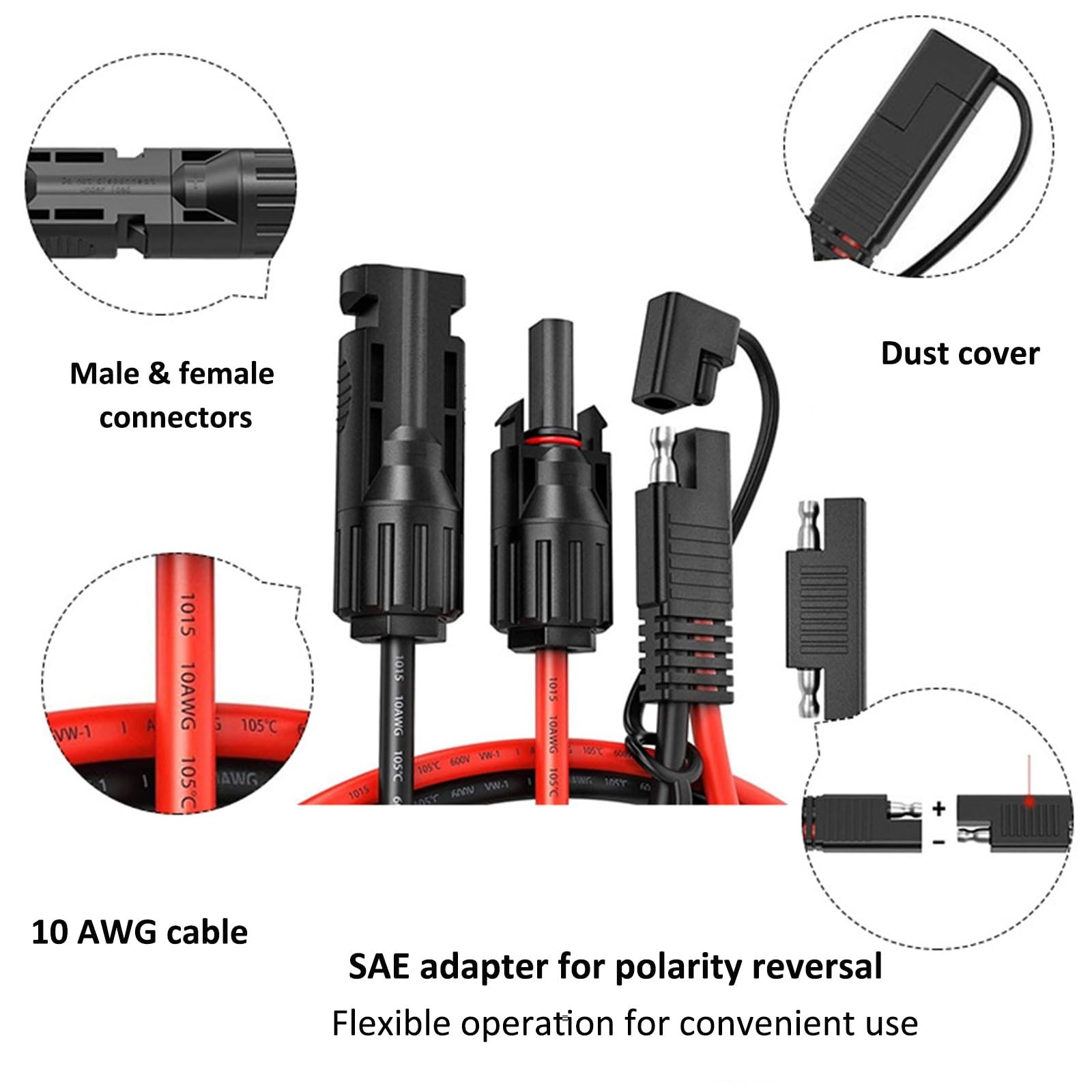2PCS 1FT 10AWG MC4 to SAE Adapter Cable – Solar Panel Extension, Polarity Revers