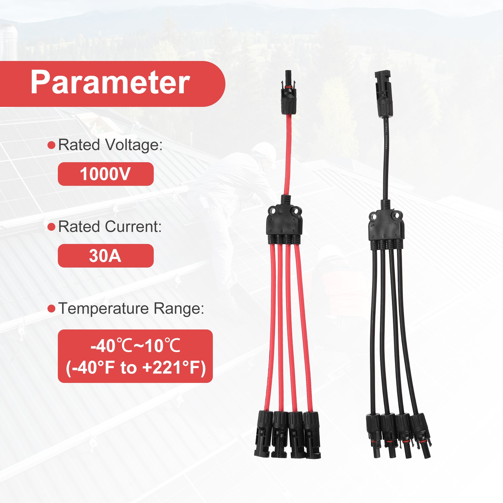Solar Panel Connector Y Branch 4 to 1 Solar Panel Splitter 4 Way Red Black
