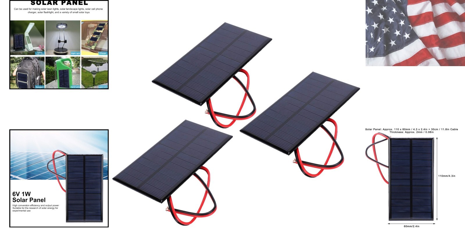 1W 6V Mini Solar Panel, 3PCS Polysilicon Cell Charger Module with 30cm Cable …