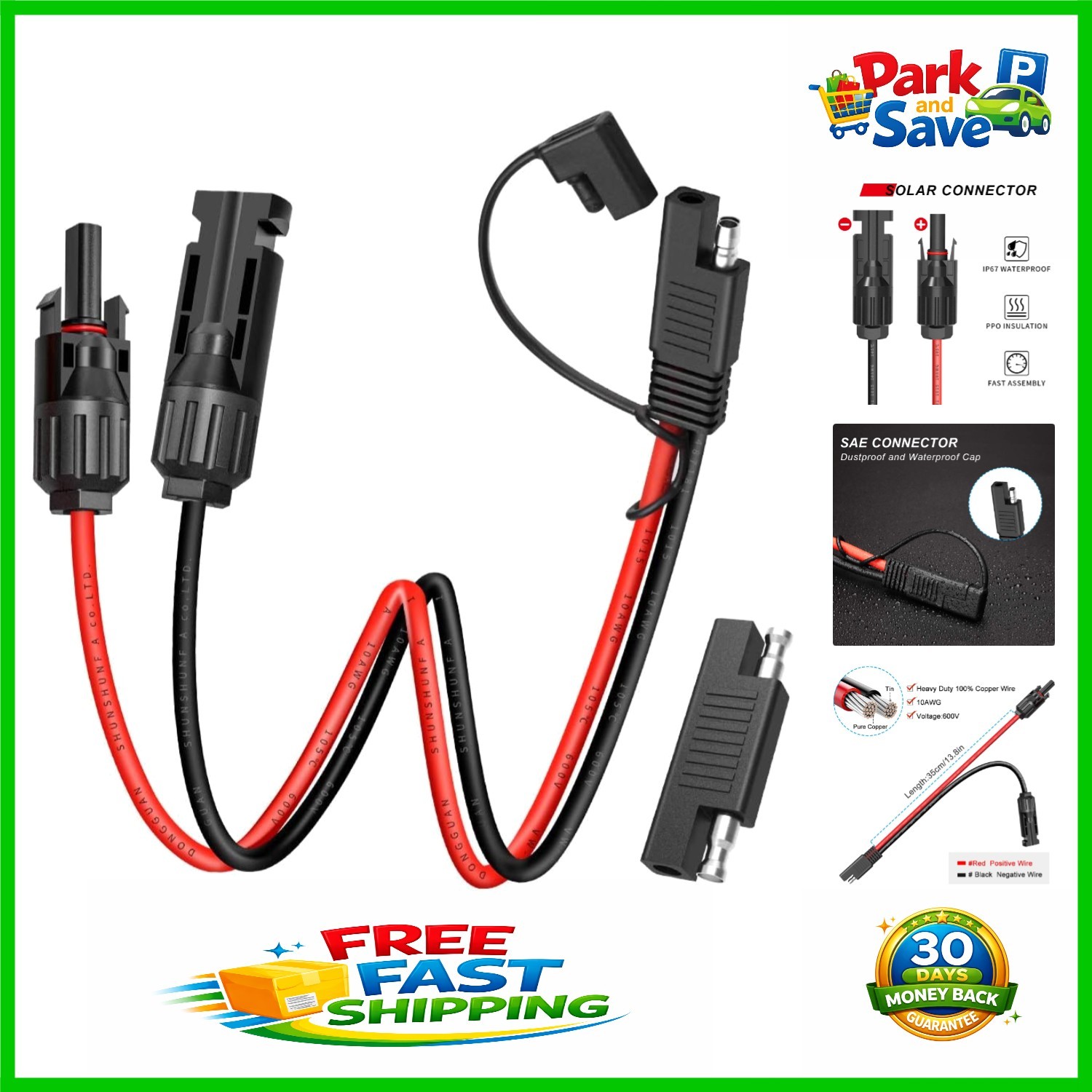 Reliable SAE Extension Cable 10AWG – Solar Connector with Waterproof Cap, 1.15ft