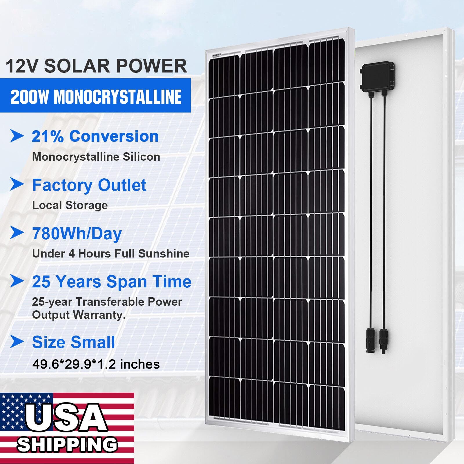 400 Watts 2Pcs 200W Monocrystalline Solar Panel 12V for Battery Charger Caravan