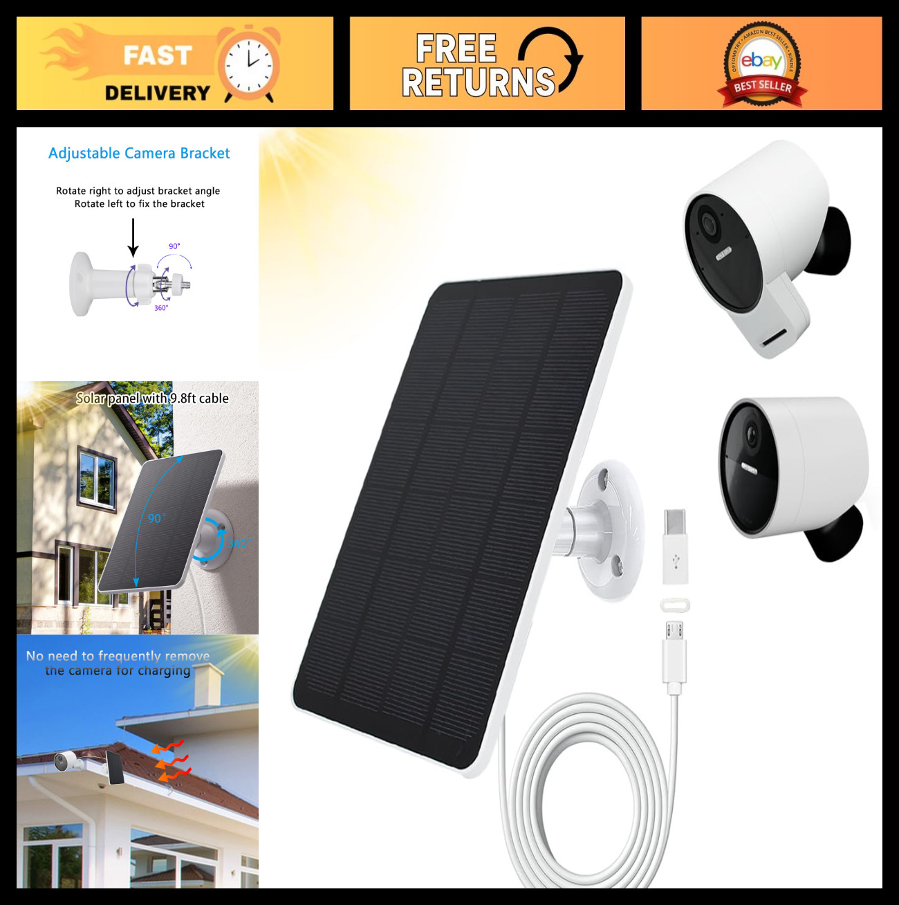 4W Solar Charger for Outdoor Security Camera – 10ft Cable, 360° Adjustable, Wire