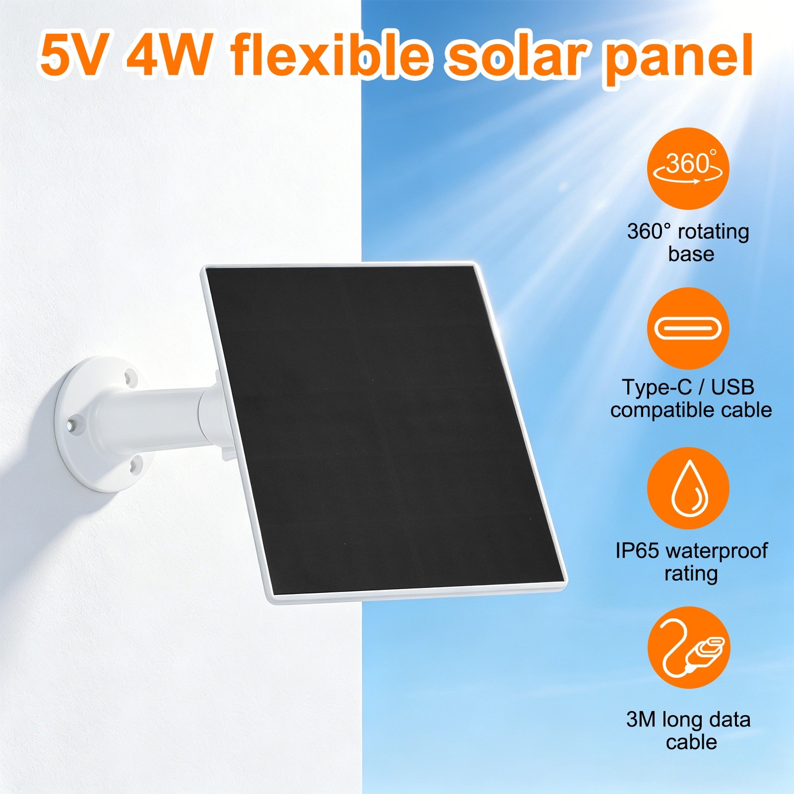 1 Pack of 5V 4W Solar Panel, Waterproof Dual Type-C/USB Solar Charger, White