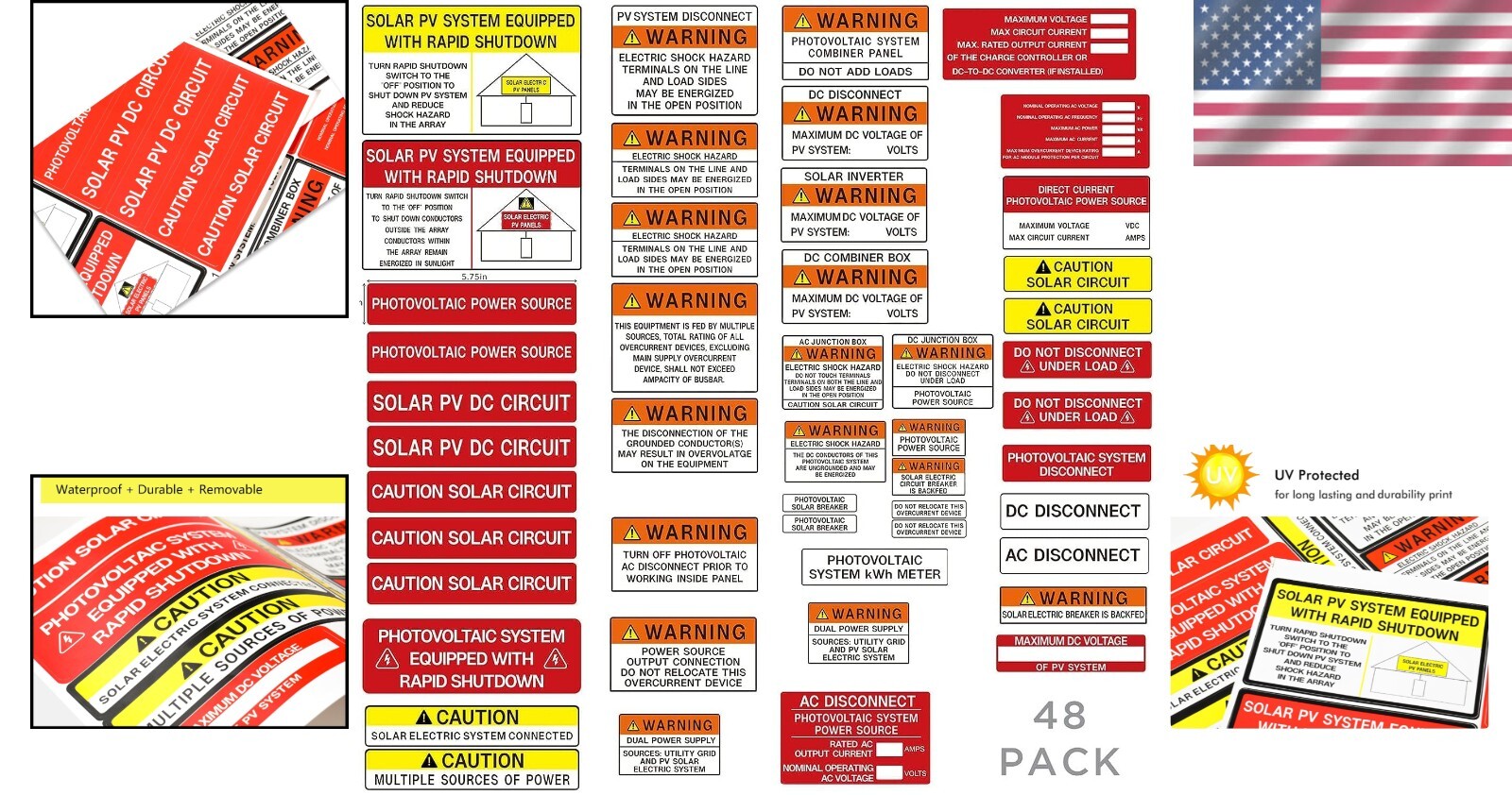 Photovoltaic Installer Label Kit – 48 Vinyl Safety Stickers for Solar Systems