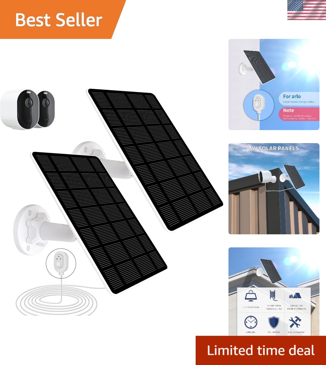 2-Pack Solar Panel Charger for Arlo Camera, 5W Solar Panel Compatible /Pro 4/…