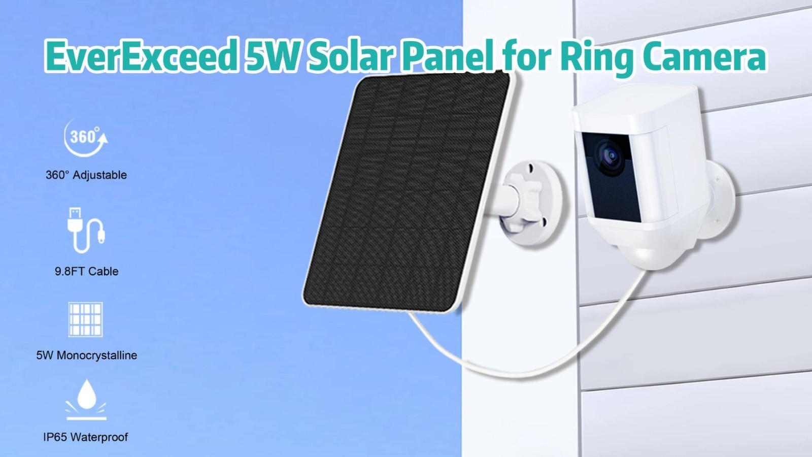 5W Solar Panel Charger for Ring & Wyze Cameras, 9.8ft Cable, Waterproof, 2 Pack