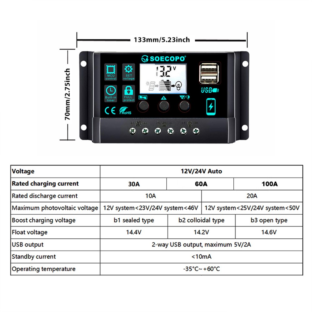 SOECOPO 150W Monocrystalline Solar Panel Kit with 30A/60A/100A LCD Controller