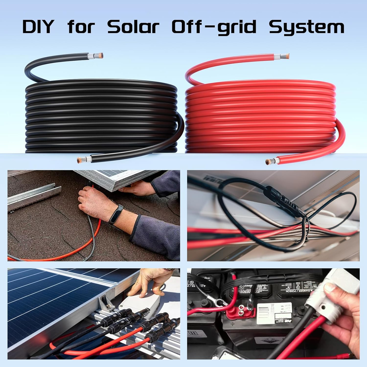 Solar Panel Wire 50Ft Black and 50Ft Red Kit, 10AWG (6Mm²) Solar Panel Extension