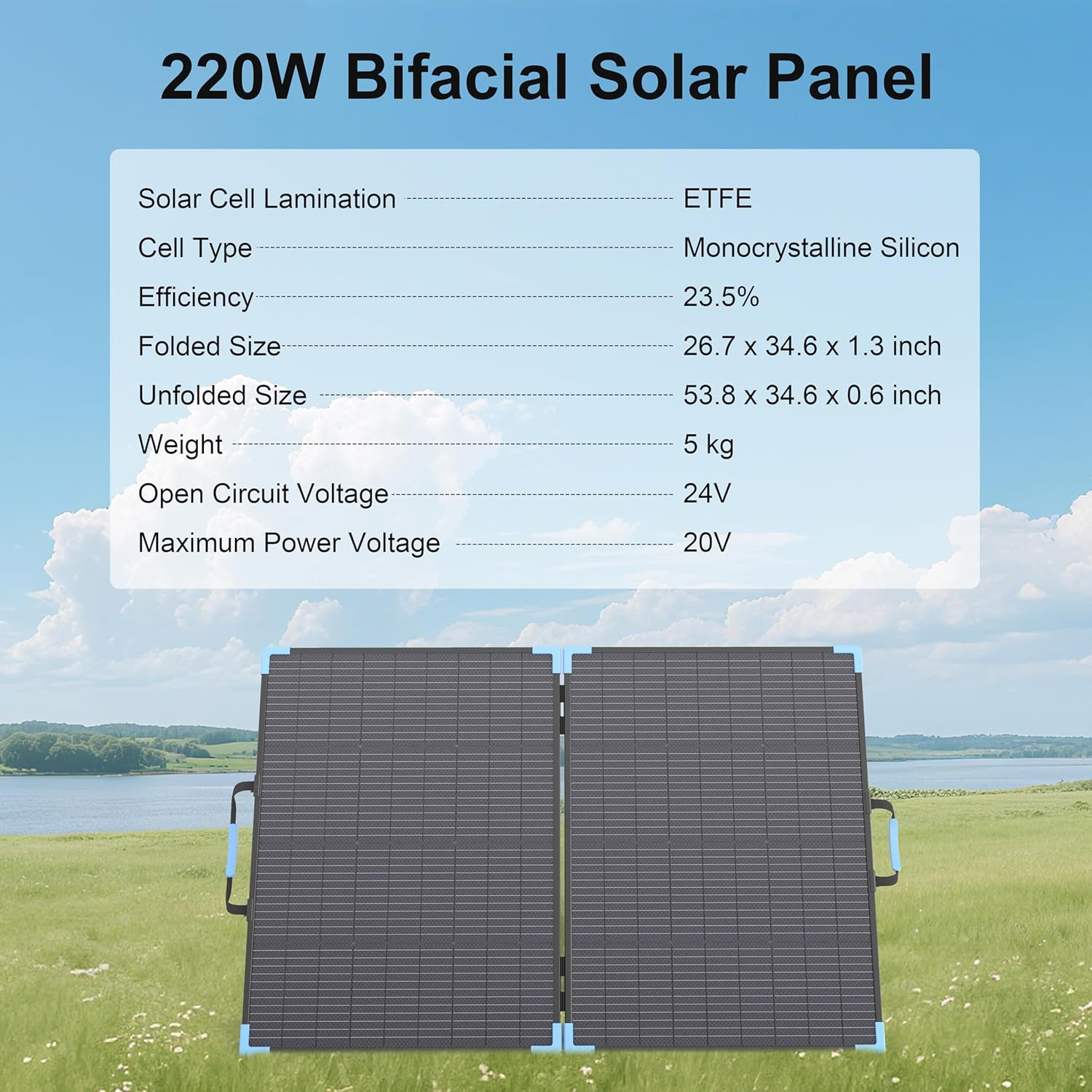 220W Bifacial Portable Solar Panel for Power Station, 23.5% High Efficiency ETFE