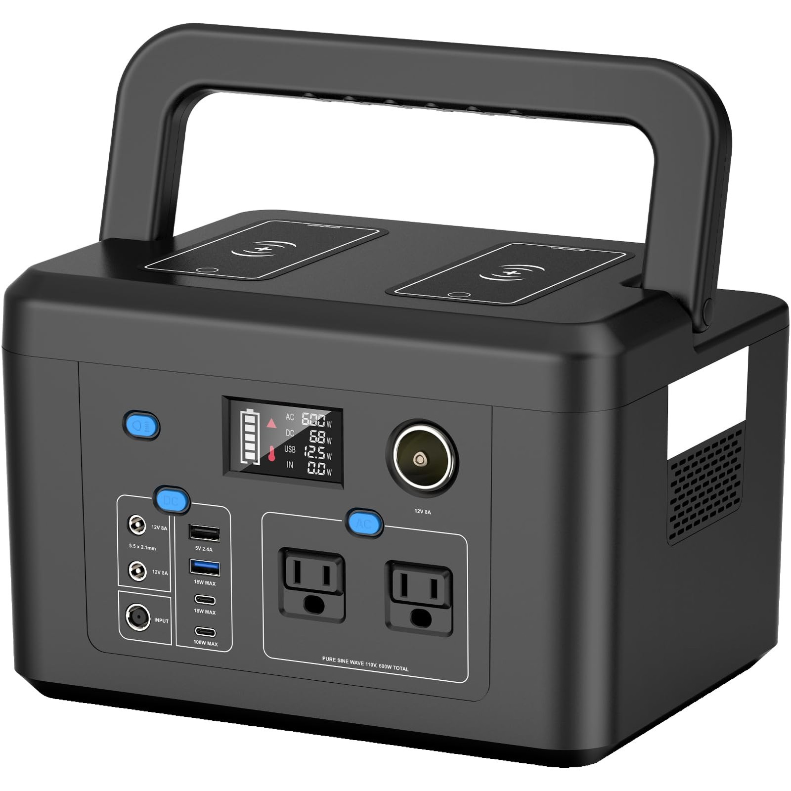 Portable Power Station 600W, 296Wh Battery Backup with 2 Pure Sine Wave AC Ou…