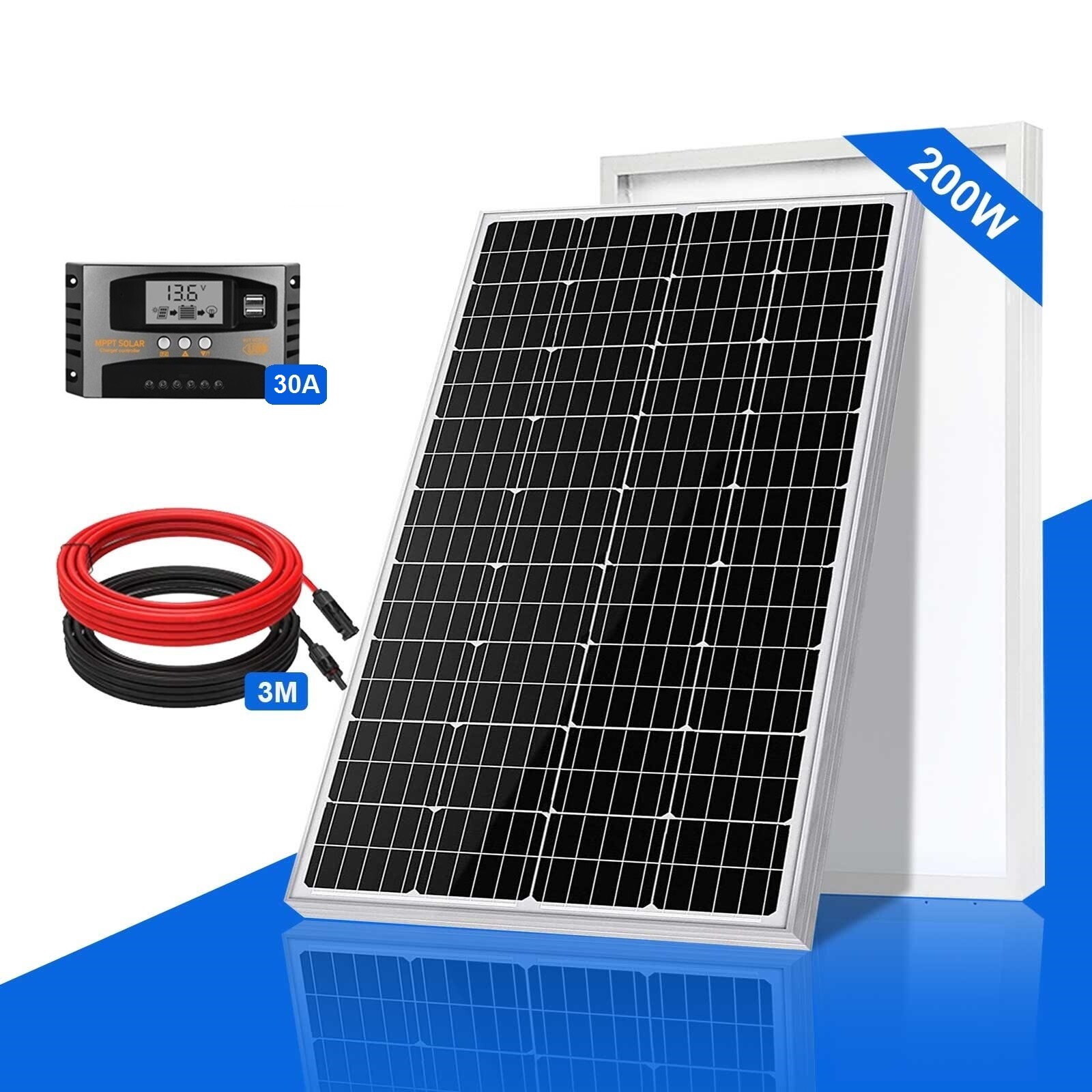 200W Watt Mono Solar Panel Kit W/30A MPPT Battery Charge Controller For Home RV
