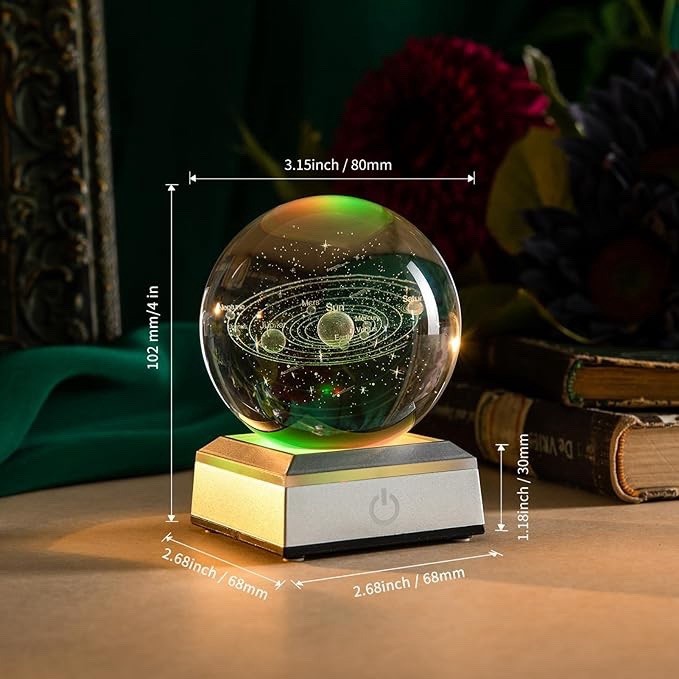 3D Solar System Crystal Ball 3.15” with LED Light Base – Educational Night Light
