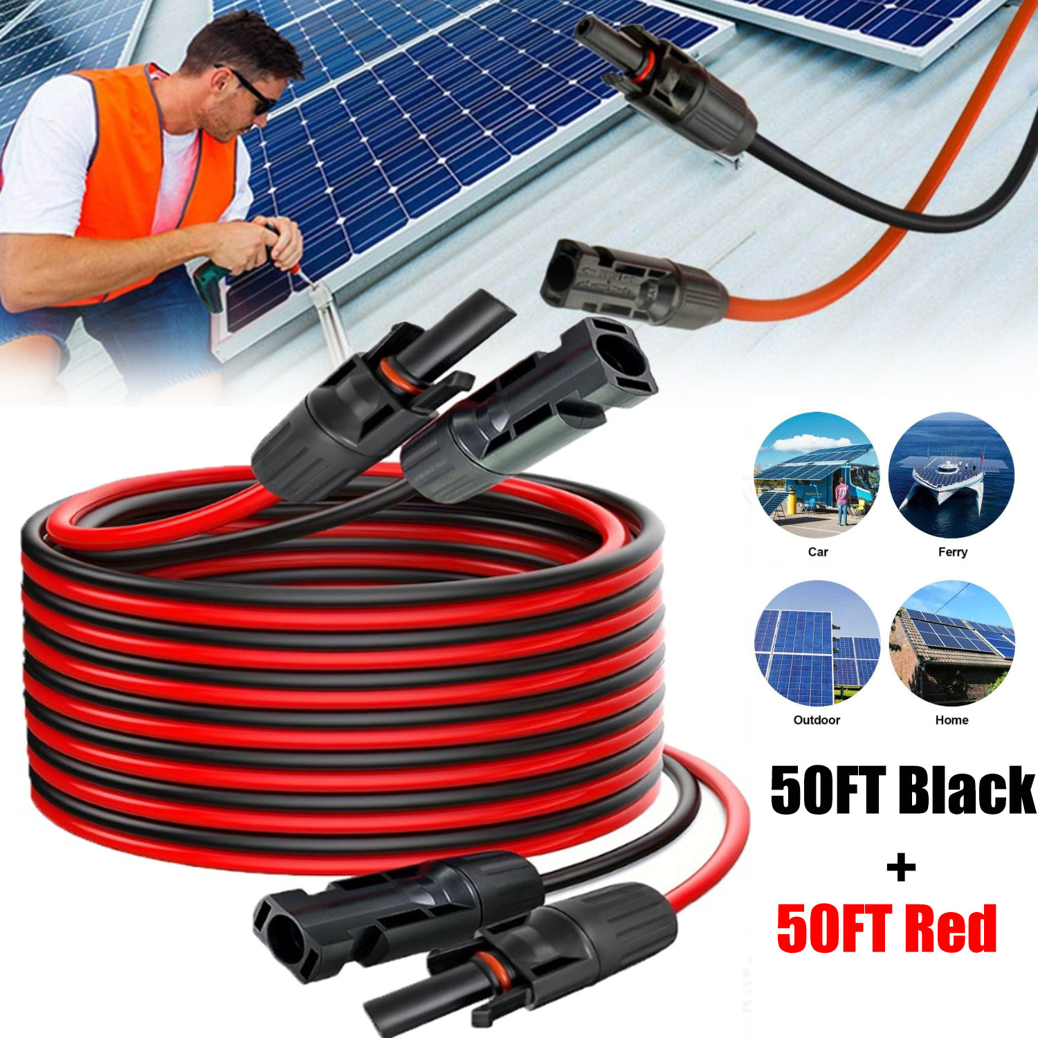 100FT 10 AWG Solar Panel Extension Cable PV Wire +Pair Solar Connectors 6mm²