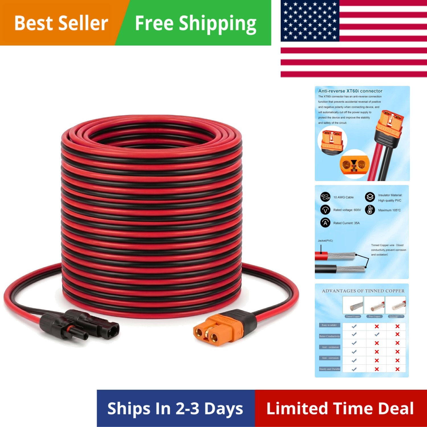 Solar to XT60i Cable 10AWG 35FT Solar Panel to XT60i Connector XT60i-F Extens…