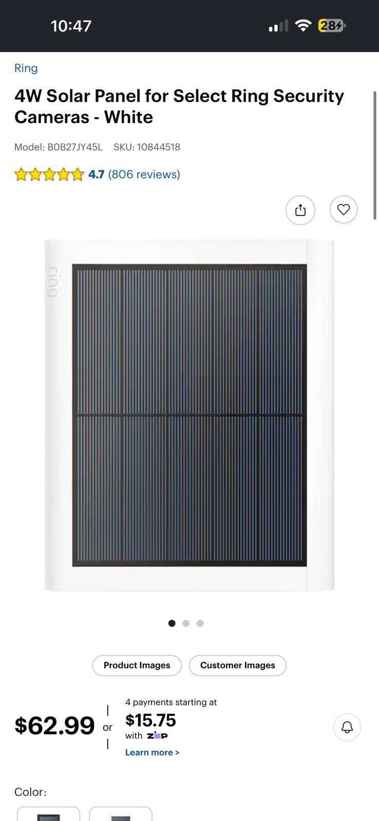 Ring 4W Solar Panel White for Outdoor Use, Weatherproof Monocrystalline 5V DC
