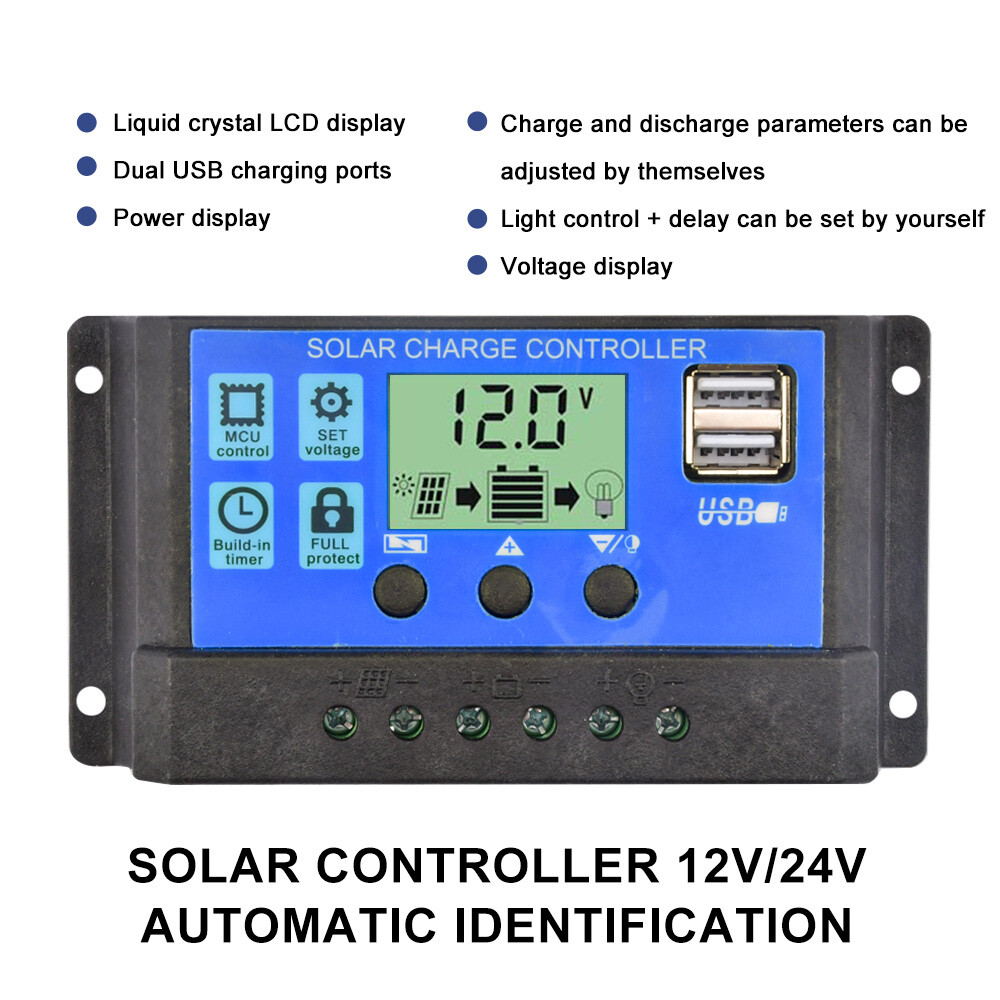 Solar Charge Controller 12V 24V 10A 20A 30A 40A 50A 60A 100A Dual USB Regulator