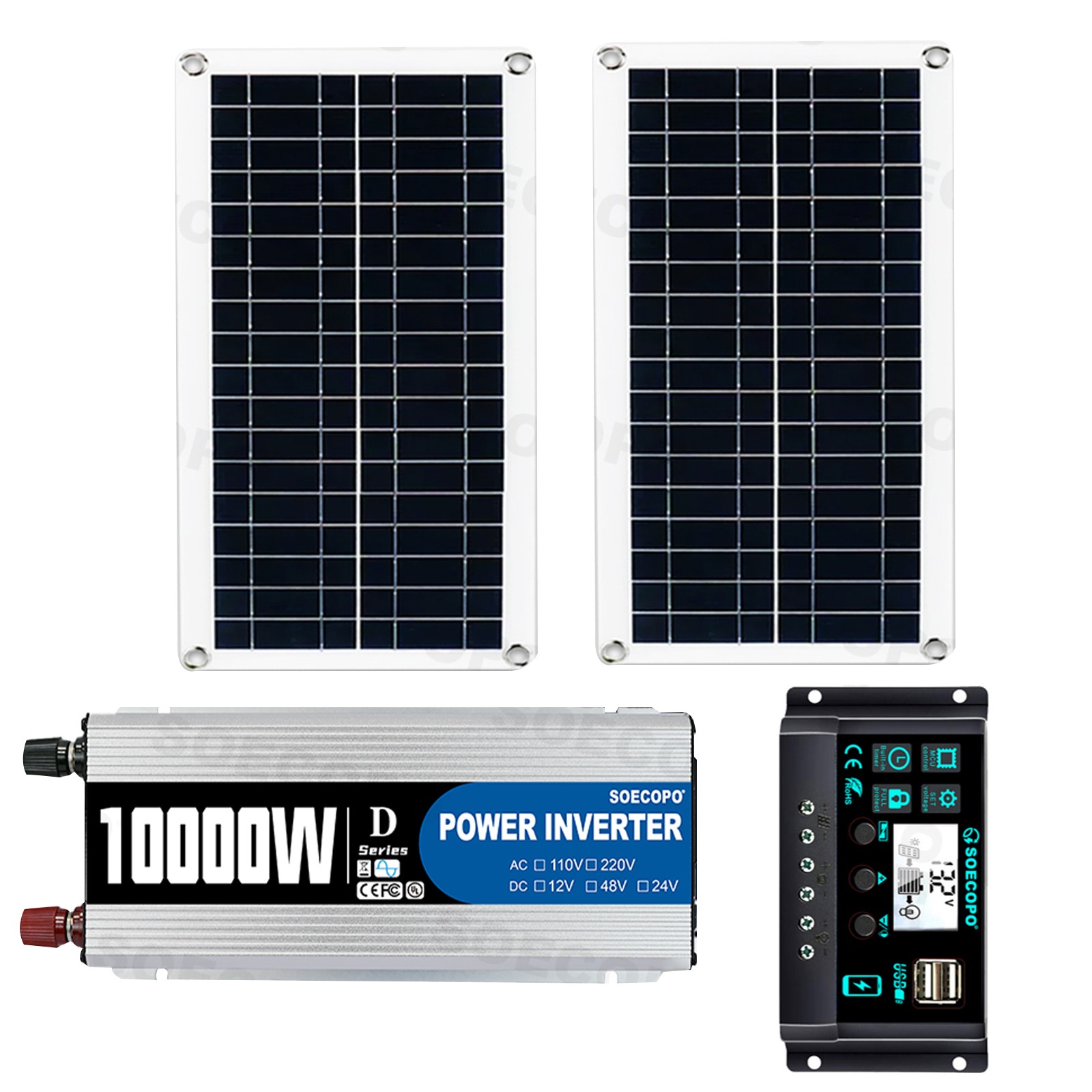10000W Inverter (12V-110V/220V) + 2pcs Solar Panels + Charge Controller 100A