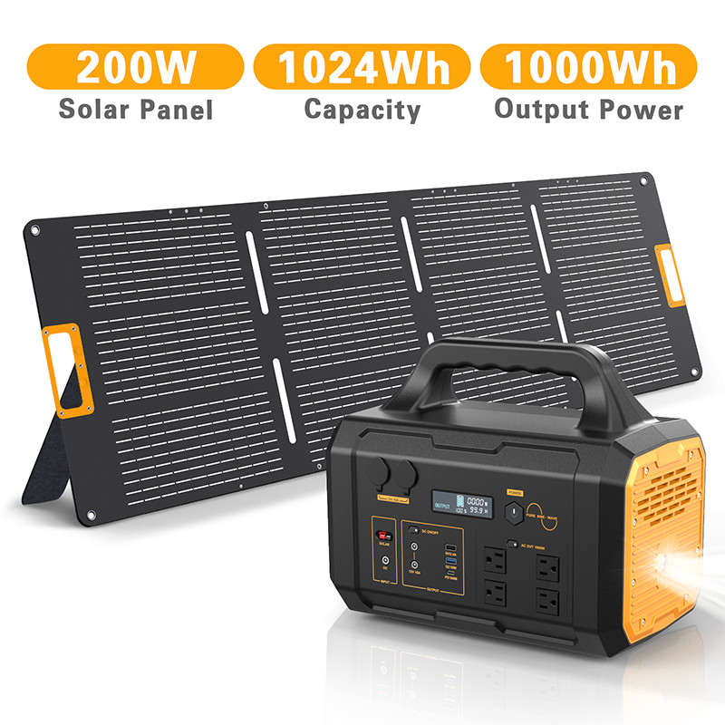 Portable Solar Generator 1024Wh 1000W Power Station+200W Waterproof Solar Panel