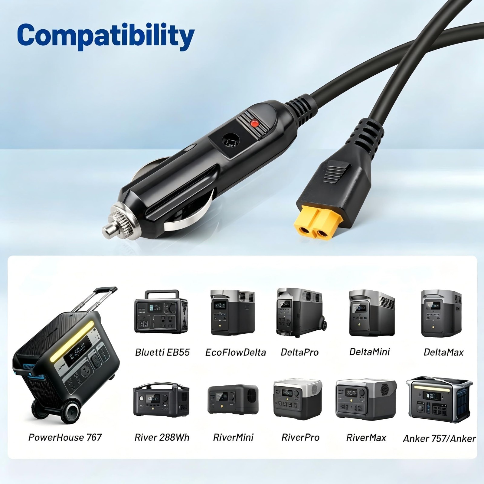 12V XT60 Car Cable for Bluetti EB55 & Anker 757/767, EcoFlow Delta/River Adapter