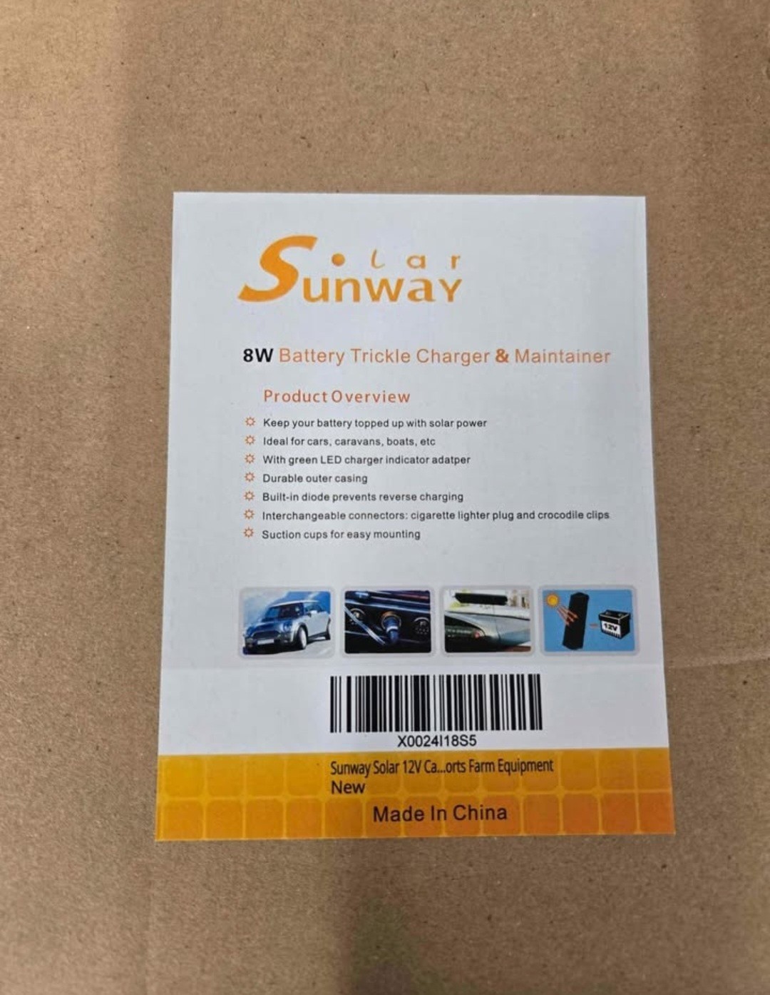 Sunway Solar Panel 8 Watt Battery Trickle Charger and Maintainer 12 Volt
