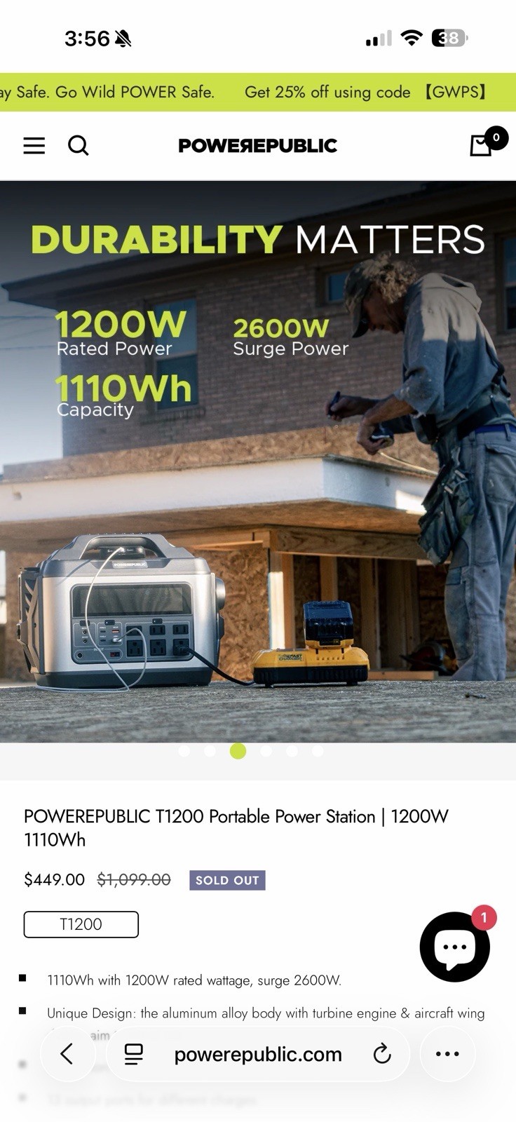 POWEREPUBLIC T1200 Portable Power Station | 1200W 1110Wh