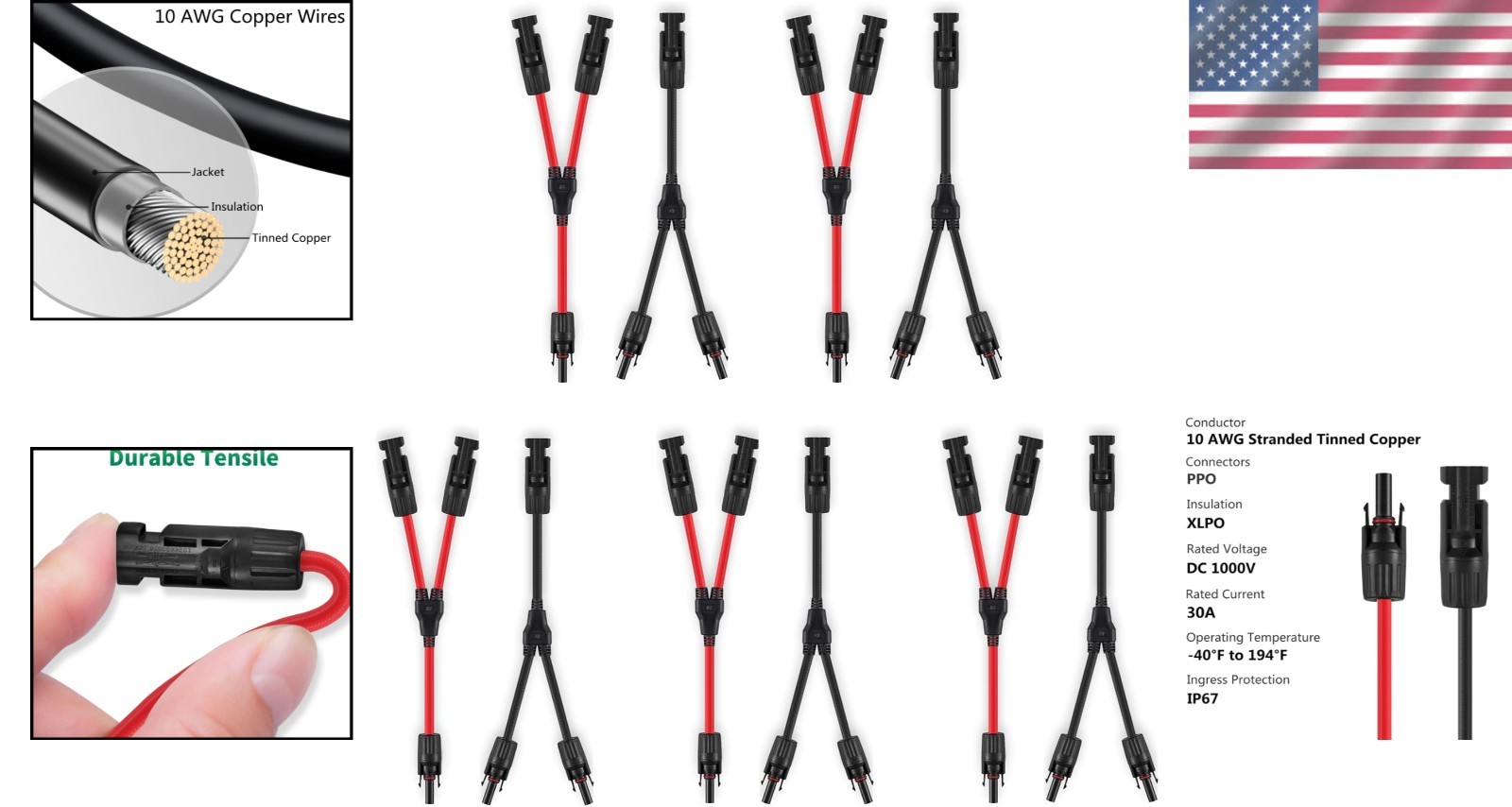 5 Pairs Solar Panel Y Connectors 10AWG Parallel Cable