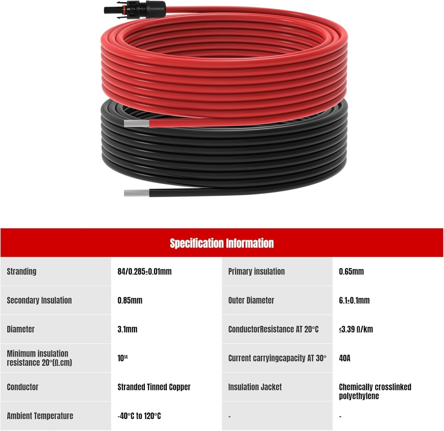 10 AWG Solar Extension Cable 10 Gauge 40 Feet Solar Wire for RV Boat Hom