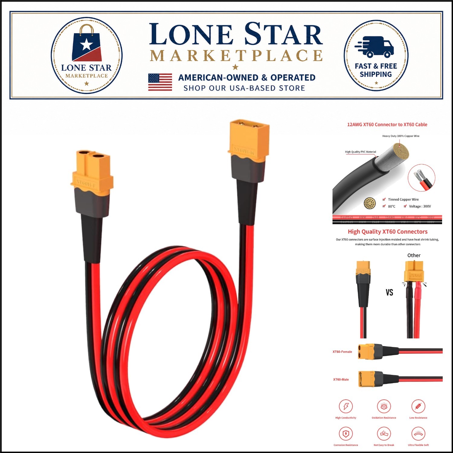 2FT XT60 Extension Cable – High-Quality Tinned Copper Connector for RC Battery