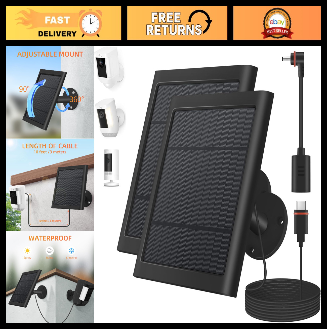 2 Pack 4W Solar Charger for Outdoor Security Cameras, High Efficiency, 10FT Cabl