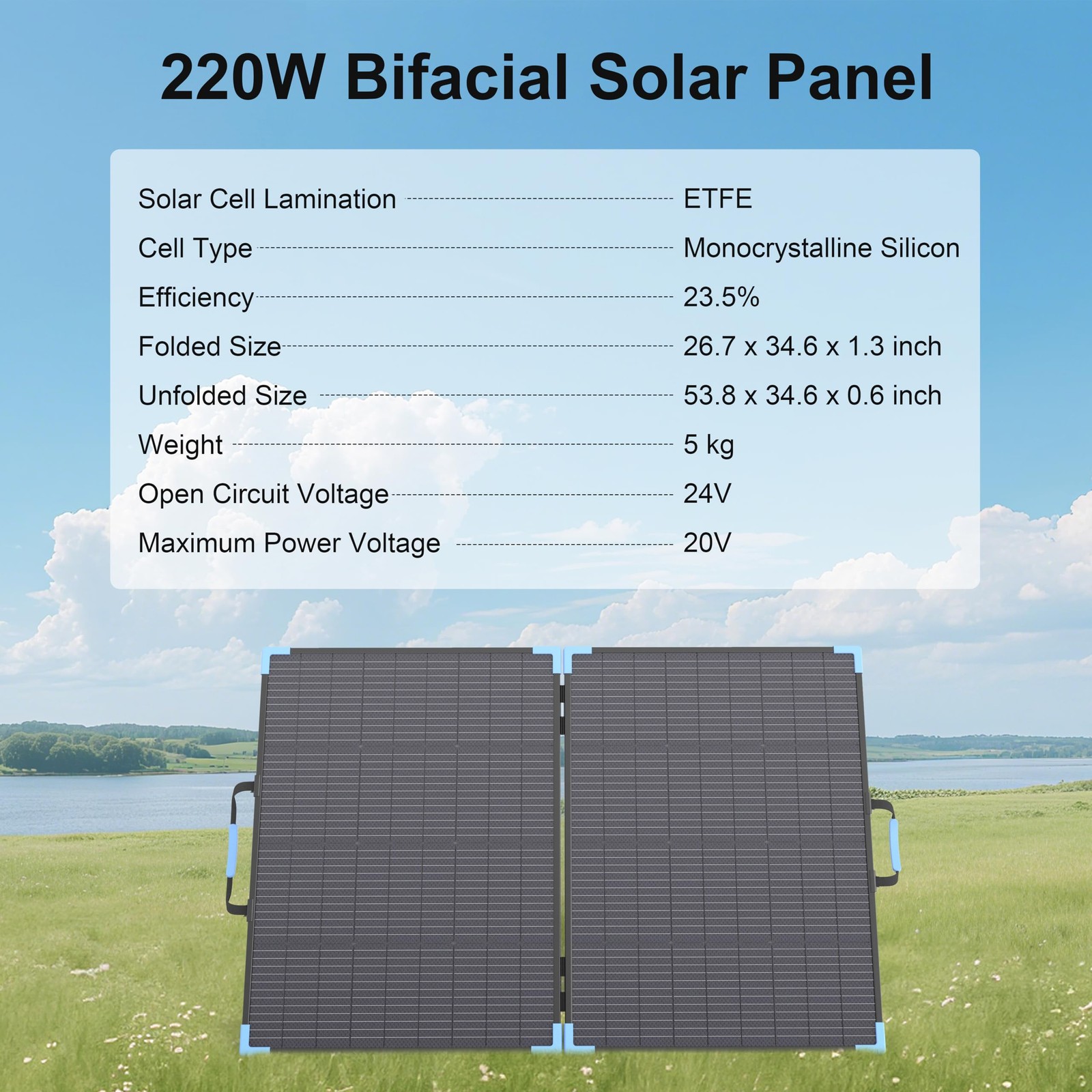 E-POWO 220W Bifacial Portable Solar Panel for Power Station, 23.5% High Effic…