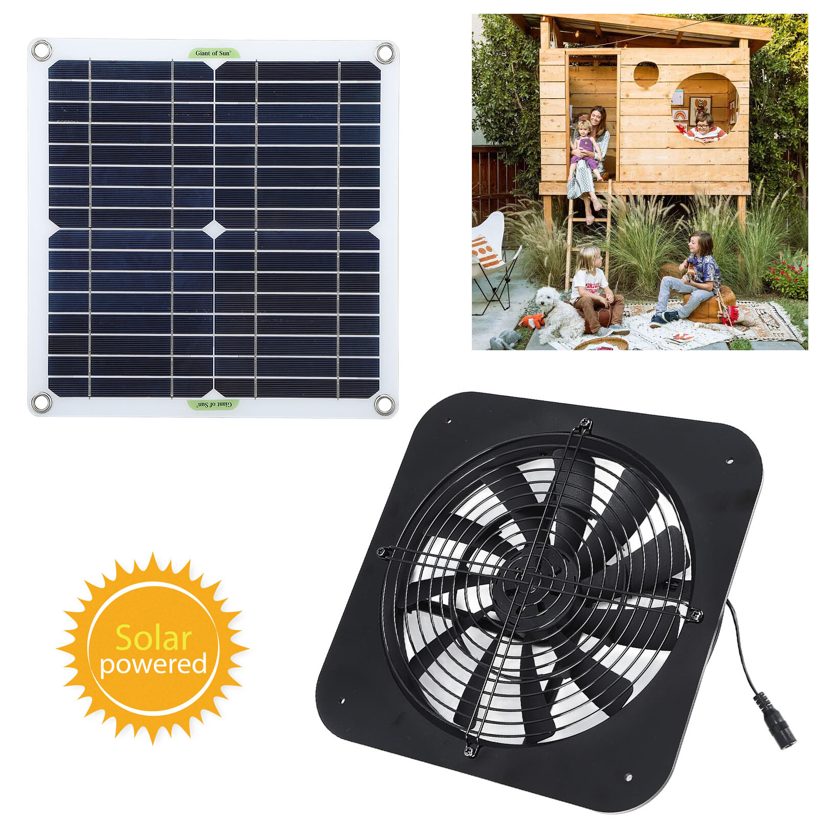 13in Solar Power Fan W/Solar Panel For Room Attic Kitchen Pet Cage Ventilation