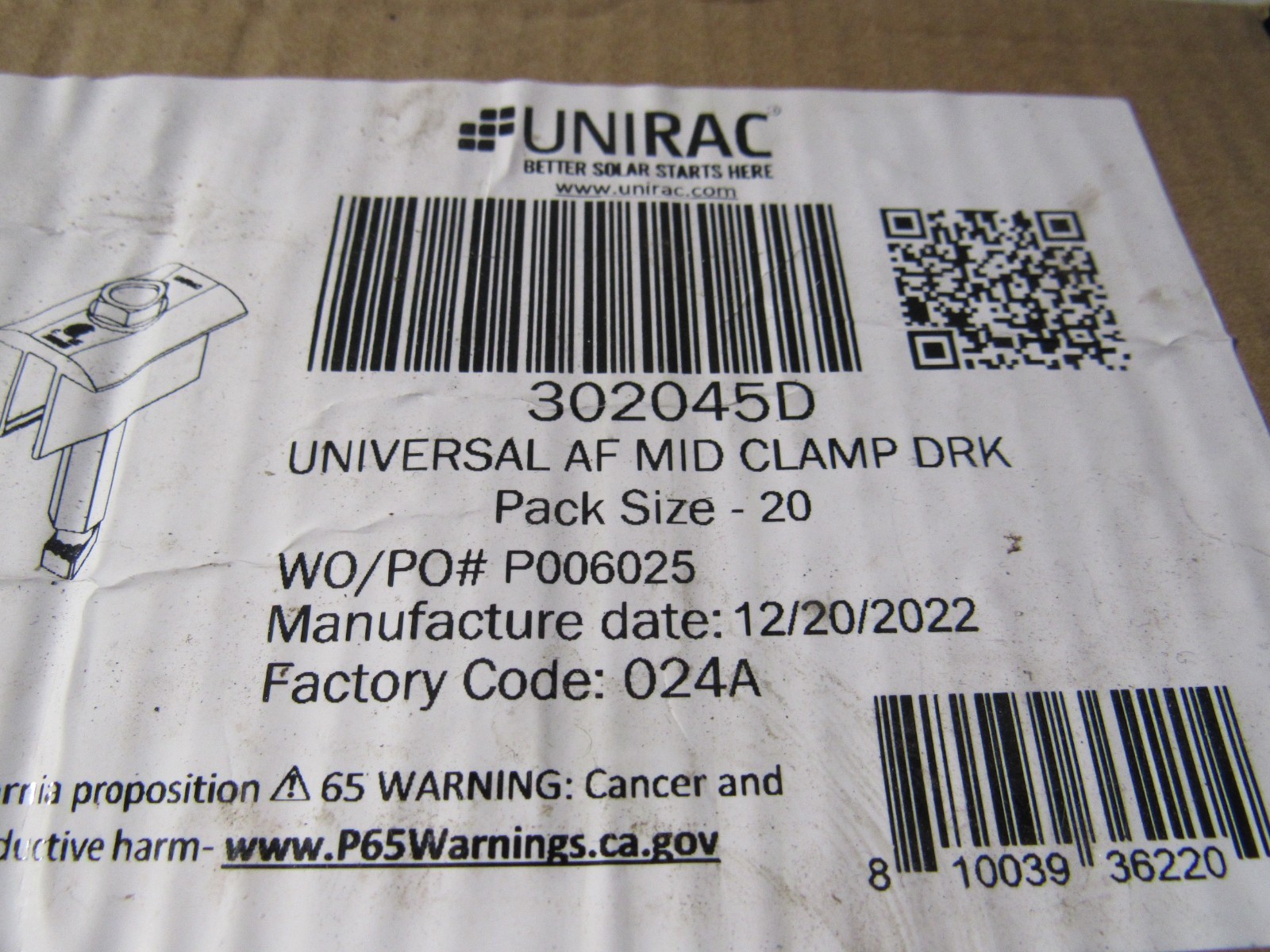 20 pack UniRac Solar Mid Clamps Universal 24-47mm .94″-1.85″ Dark 302045D