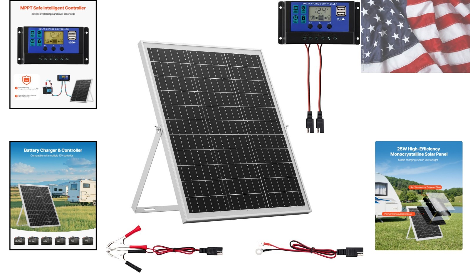 25W 12V Solar Panel Battery Charger, Solar Battery Trickle Charger Maintainer…