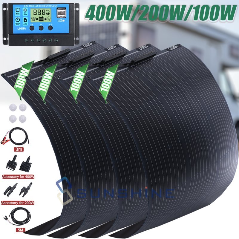 400W 200W Flexible Solar Panel Kit Inverter RV Boat Camper Backup Power Station