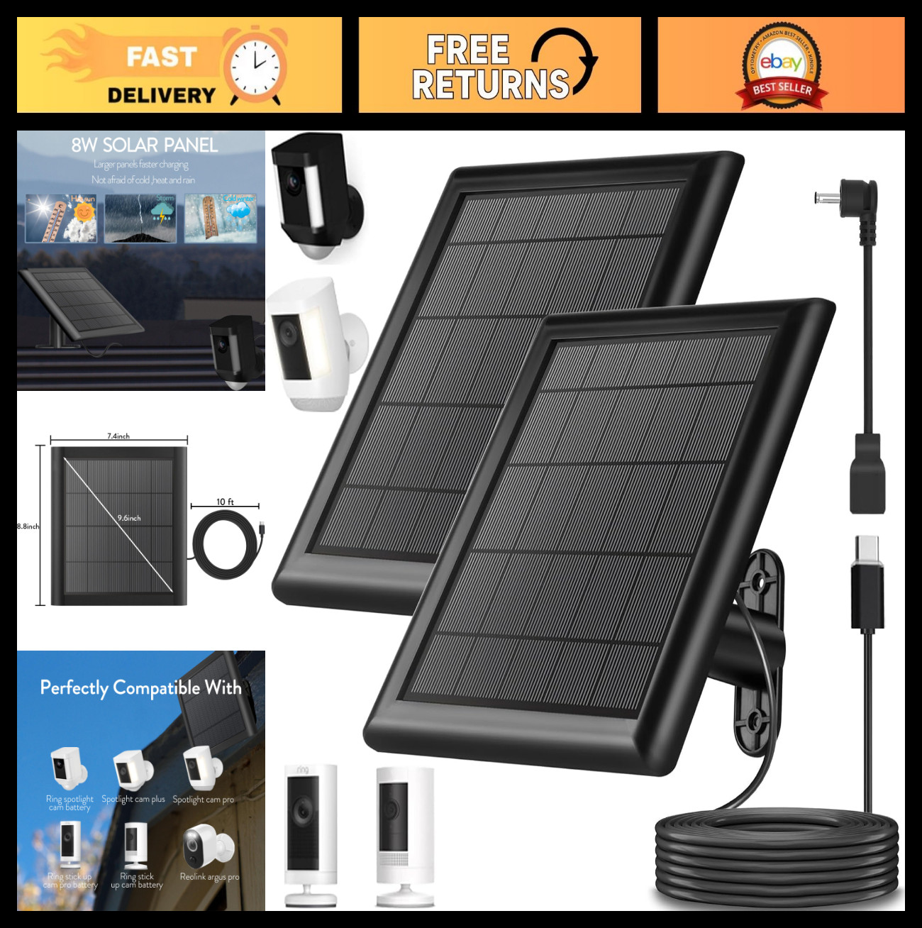8W Solar Panel Charger for Ring Camera – IP65 Waterproof, 10ft USB C Cable, 2-Pa
