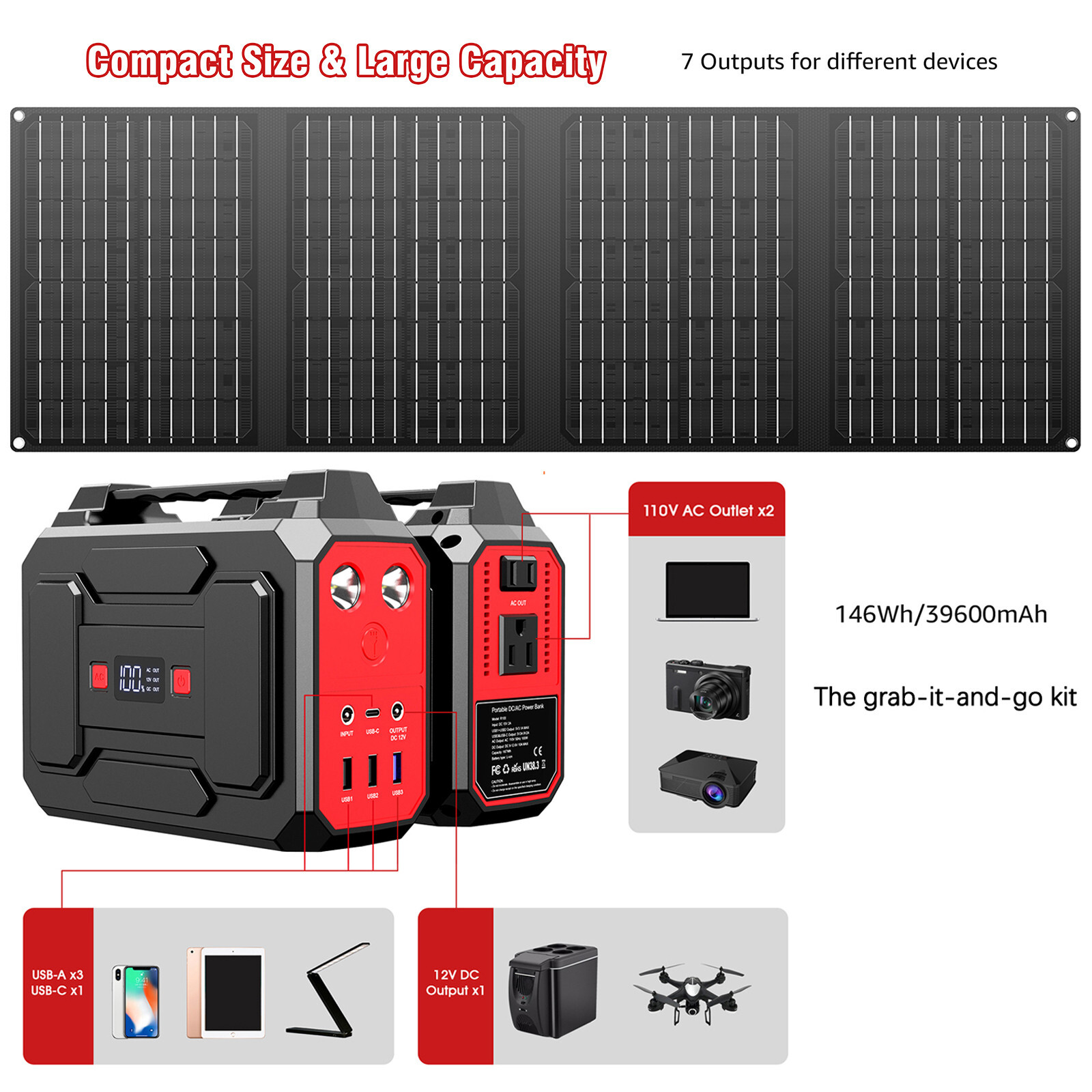 Portable Power Station 100W+40W Solar Panel Charger kit Camping Solar Generator