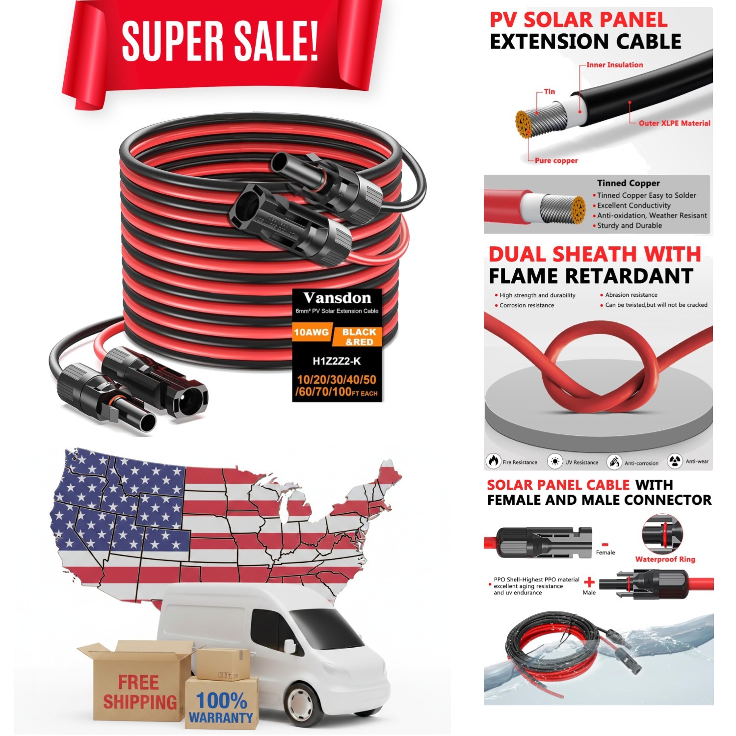 2 Pack 30FT 10AWG Solar Cable – Rated with Secure Male & Female Connectors