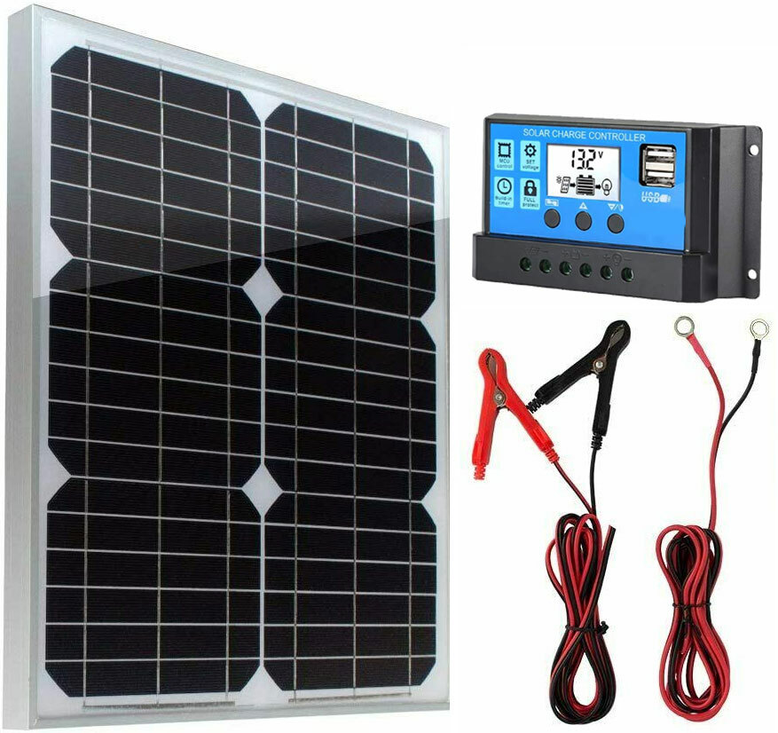 20W 12V Monocrystalline Silicon Solar Panel Kit w/ 10A Charger Controller+ Cable