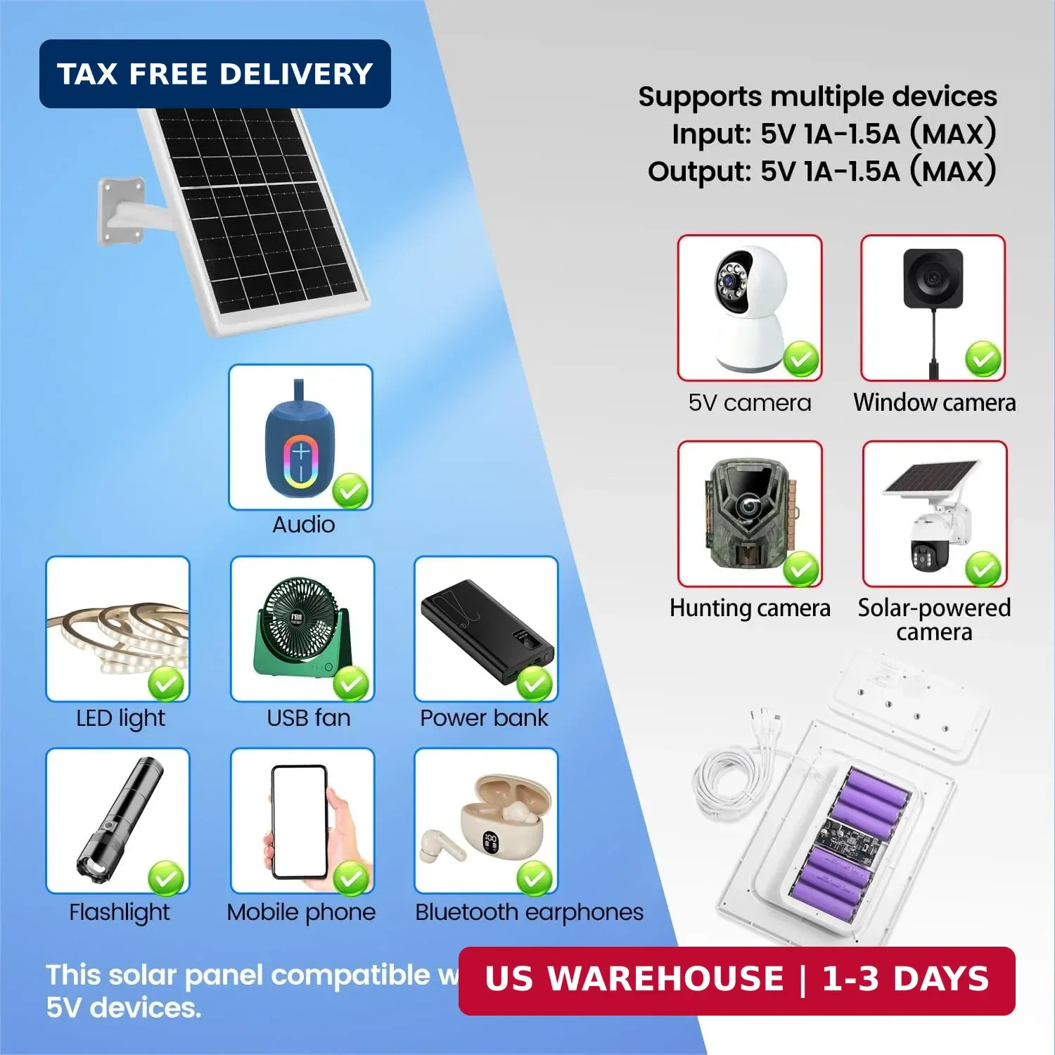 Solar Panel for Device DC 5V Type-C Micro USB DC Port builit in 12000mAh Battery