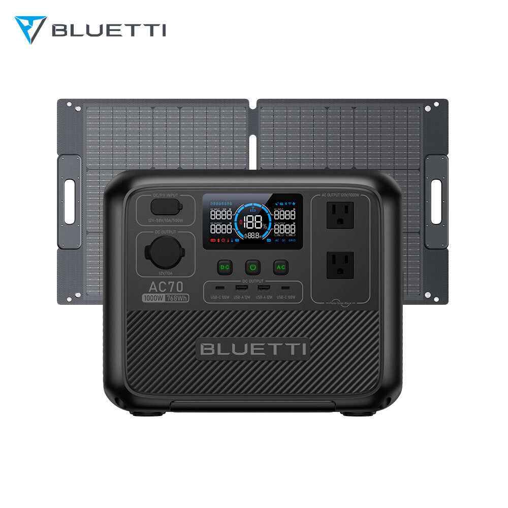 BLUETTI AC70 768Wh 1000W Portable Power Station+100W Solar Panel for Camping