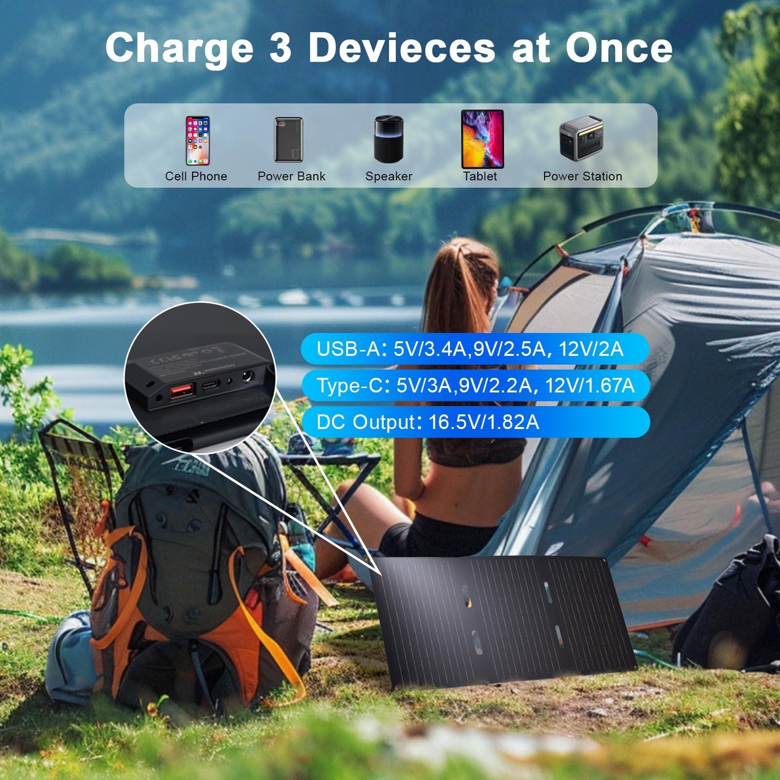 30W Portable Solar Panel, Foldable Solar Panel Charger with QC3.0 USB-A USB-C…