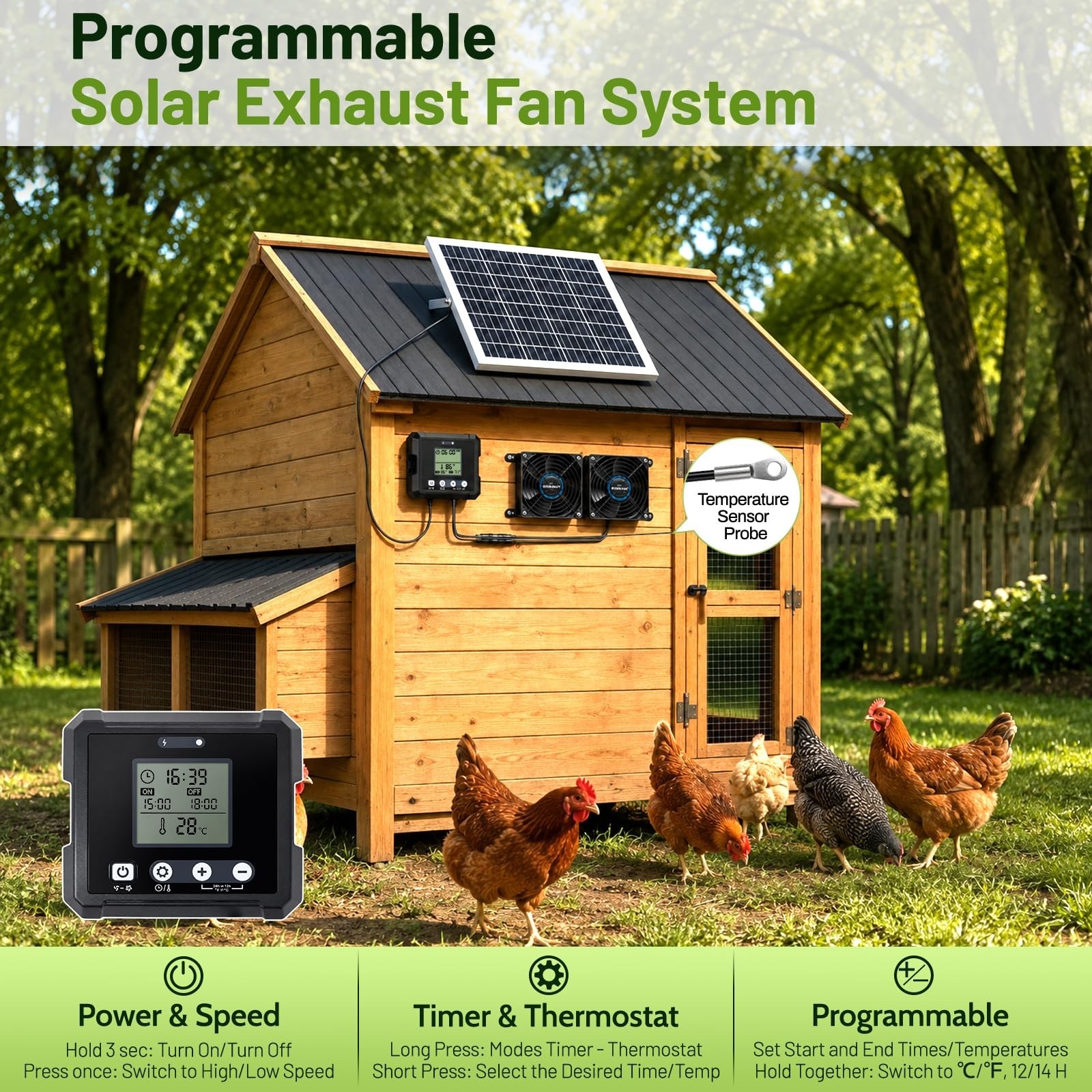25W Solar Exhaust Fan for Chicken Coop & Greenhouse, Dual Vent, 2500mAh Battery,